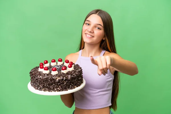 Nastolatka Kaukaska Dziewczyna Trzyma Tort Urodzinowy Pojedyncze Punkty Tła Palec — Zdjęcie stockowe