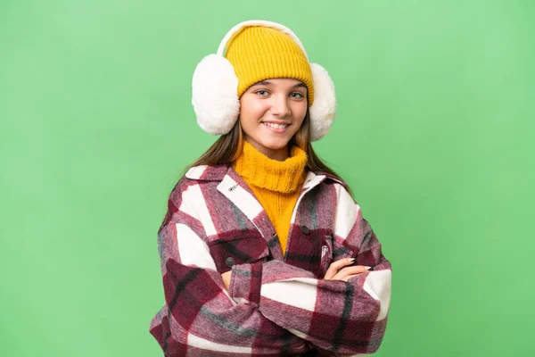 Teenager Caucasian Girl Wearing Winter Muffs Isolated Background Keeping Arms — Stock Photo, Image