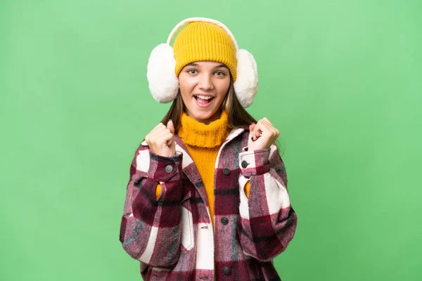 Teenager Kaukasisches Mädchen Mit Wintermützen Über Isoliertem Hintergrund Feiert Einen — Stockfoto