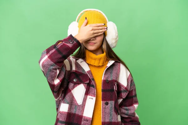 Teenager Caucasian Girl Wearing Winter Muffs Isolated Background Covering Eyes — Stock Photo, Image