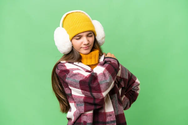 Adolescente Caucasiano Menina Vestindo Regalos Inverno Sobre Fundo Isolado Sofrendo — Fotografia de Stock