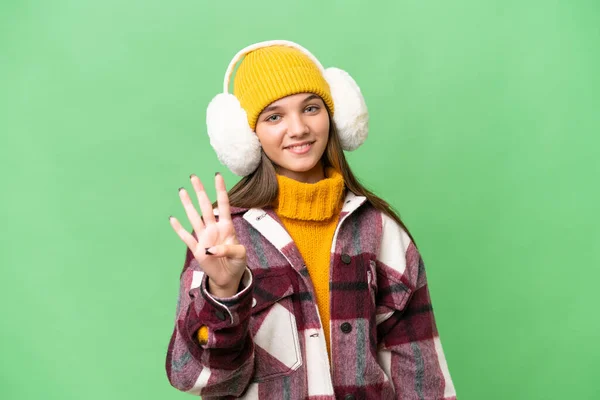 Teenager Kaukasischen Mädchen Tragen Winter Muffs Über Isoliertem Hintergrund Glücklich — Stockfoto