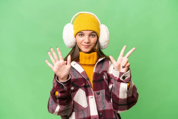 Teenager Caucasian Girl Wearing Winter Muffs Isolated Background Counting Eight — Stock Photo, Image