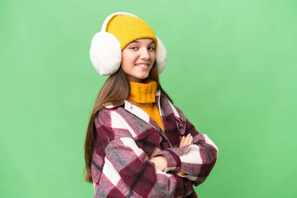 年轻的高加索女孩 身穿冬季紧身衣 背负孤立的背景 双臂交叉 向前看 — 图库照片