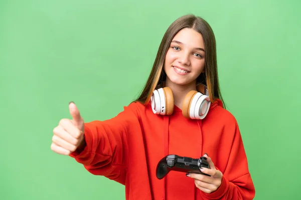 Teenager Caucasian Girl Playing Video Game Controller Isolated Background Giving — Stock Photo, Image