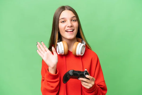 Teenager Καυκάσιος Κορίτσι Παίζει Ένα Χειριστήριο Video Game Πάνω Από — Φωτογραφία Αρχείου