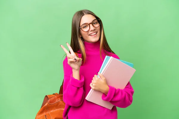 Teenager Student Caucasian Girl Isolated Background Smiling Showing Victory Sign — Stock Photo, Image