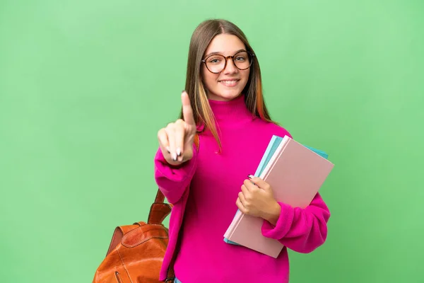 Teenager Student Caucasian Girl Isolated Background Showing Lifting Finger — Stock Photo, Image