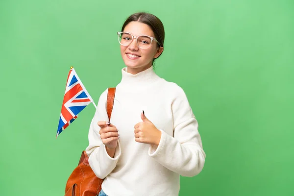 Подростковая Студентка Кавказка Флагом Великобритании Изолированном Фоне Показывает Большой Палец — стоковое фото