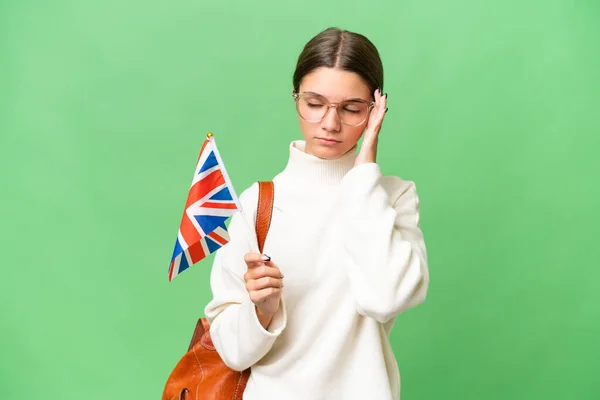 Подростковая Студентка Кавказская Девушка Флагом Великобритании Изолированном Фоне Головной Болью — стоковое фото