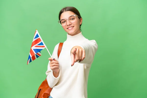 Nastolatek Student Kaukaski Dziewczyna Trzyma Wielka Brytania Flaga Nad Odizolowane — Zdjęcie stockowe