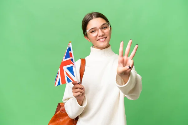 Подростковая Студентка Кавказская Девушка Флагом Великобритании Изолированном Фоне Счастлива Считает — стоковое фото