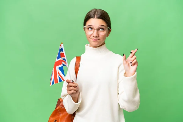 Nastolatek Student Kaukaski Dziewczyna Posiadające Wielka Brytania Flaga Nad Odizolowane — Zdjęcie stockowe