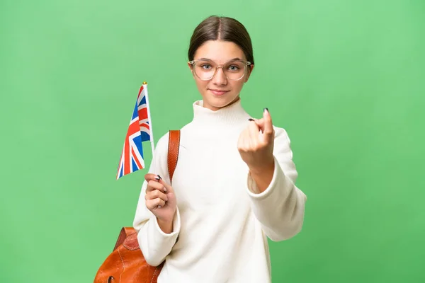 Подросток Студентка Кавказская Девушка Флагом Великобритании Изолированном Фоне Делает Предстоящий — стоковое фото