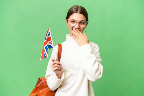 Nastolatek Student Kaukaski Dziewczyna Gospodarstwa Wielka Brytania Flaga Nad Odizolowane — Zdjęcie stockowe