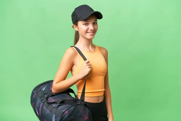 Teenager Caucasian Girl Sport Bag Isolated Background Happy Expression —  Fotos de Stock