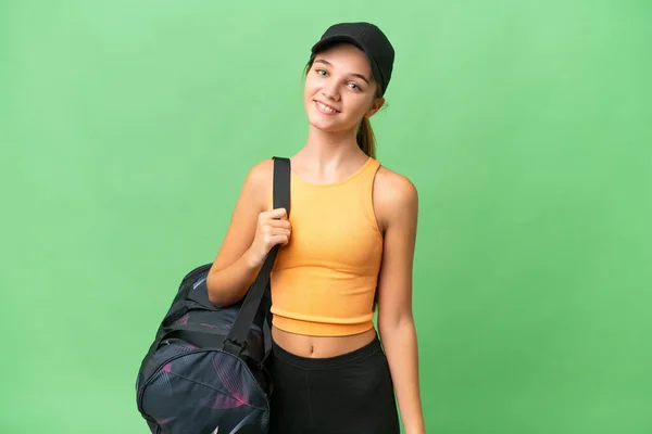 Έφηβος Καυκάσιος Κορίτσι Τσάντα Αθλητισμού Πάνω Από Απομονωμένη Φόντο Χαμογελώντας — Φωτογραφία Αρχείου