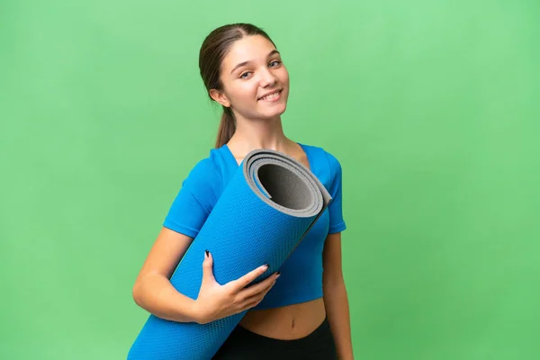 Teenager Caucasian Girl Going Yoga Classes While Holding Mat Isolated — Stock Photo, Image