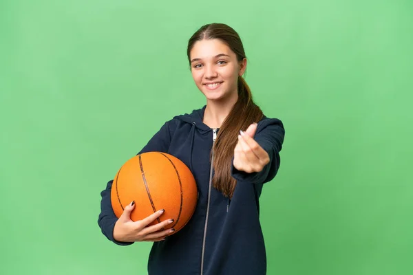 ティーンCaucasian女の子プレイバスケットボール上の隔離された背景作りお金ジェスチャー — ストック写真
