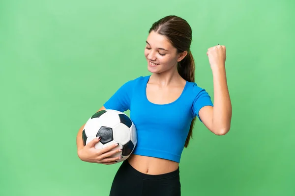 Zole Edilmiş Arka Planda Futbol Oynayan Beyaz Kız Zaferi Kutluyor — Stok fotoğraf