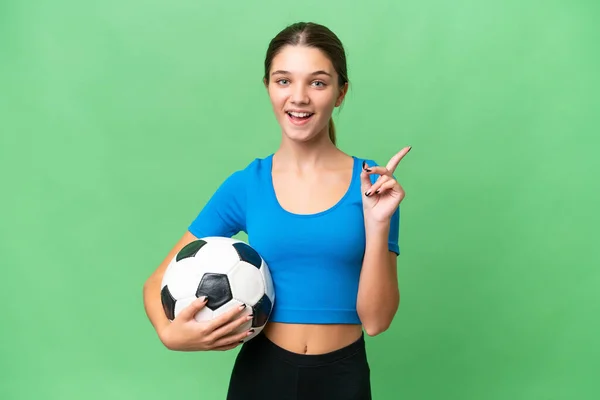 Adolescent Caucasien Fille Jouer Football Sur Isolé Fond Pointant Vers — Photo