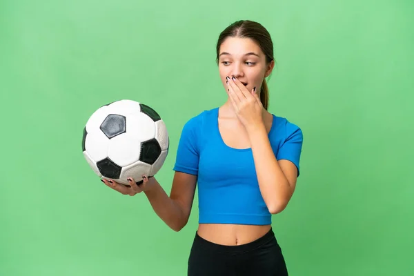 Teenager Caucasian Girl Playing Football Isolated Background Surprise Shocked Facial — Stock Photo, Image