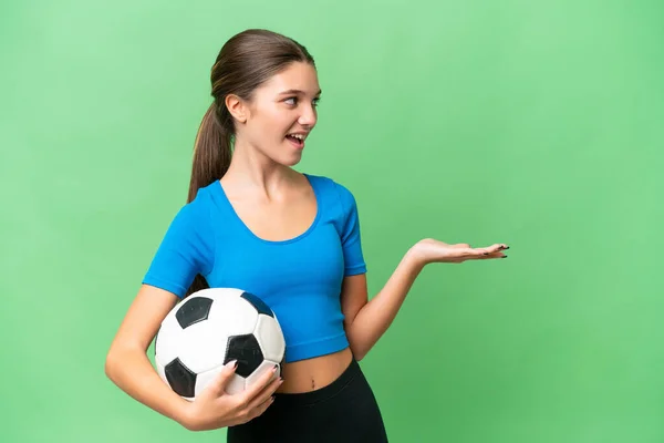 Teenager Caucasian Girl Playing Football Isolated Background Surprise Facial Expression — 스톡 사진