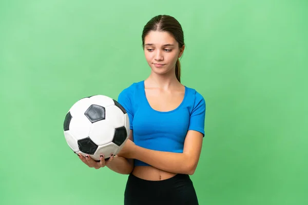 Adolescente Caucasiano Menina Jogando Futebol Sobre Fundo Isolado Com Expressão — Fotografia de Stock