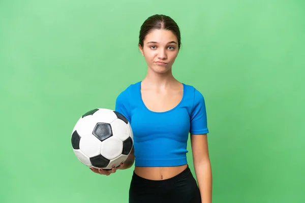 Teenager Caucasian Girl Playing Football Isolated Background Sad Expression — Stock Photo, Image