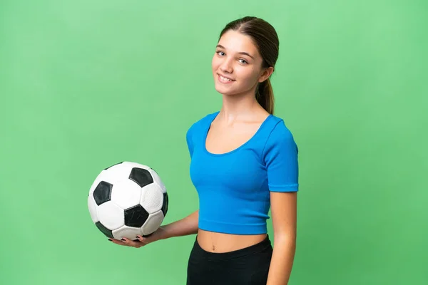 Adolescente Caucásico Chica Jugando Fútbol Sobre Aislado Fondo Sonriendo Mucho — Foto de Stock