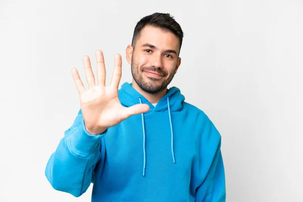 Young Handsome Caucasian Man Isolated White Background Counting Five Fingers — Foto de Stock