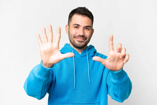 Young Handsome Caucasian Man Isolated White Background Counting Seven Fingers — Stock Photo, Image