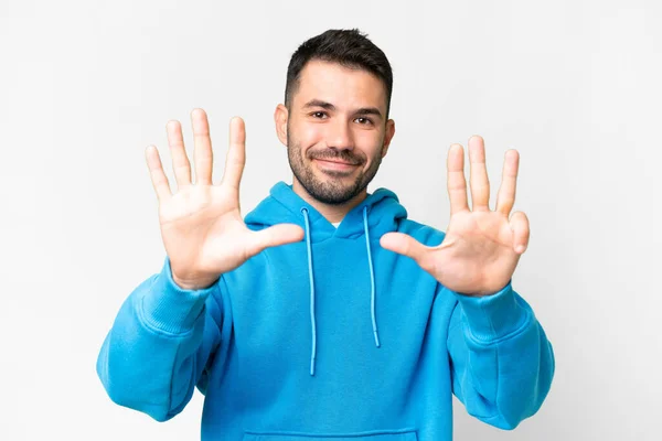 Young Handsome Caucasian Man Isolated White Background Counting Nine Fingers — Stock Photo, Image