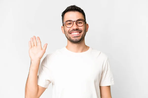 Young Handsome Caucasian Man Isolated White Background Saluting Hand Happy — Stock fotografie