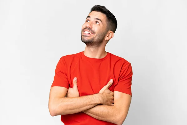 Young Handsome Caucasian Man Isolated White Background Looking While Smiling — Zdjęcie stockowe