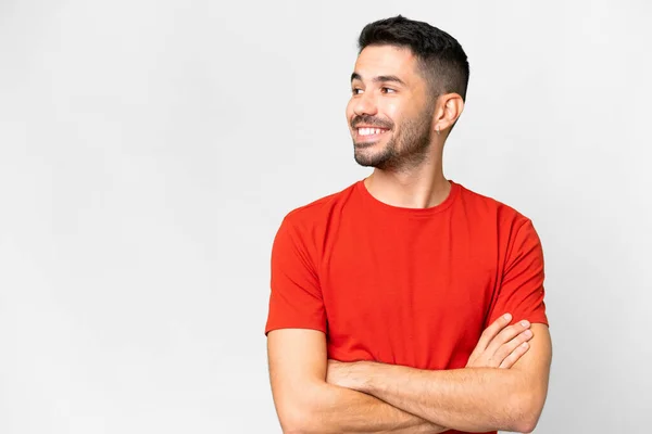 Young Handsome Caucasian Man Isolated White Background Looking Side Smiling — 스톡 사진