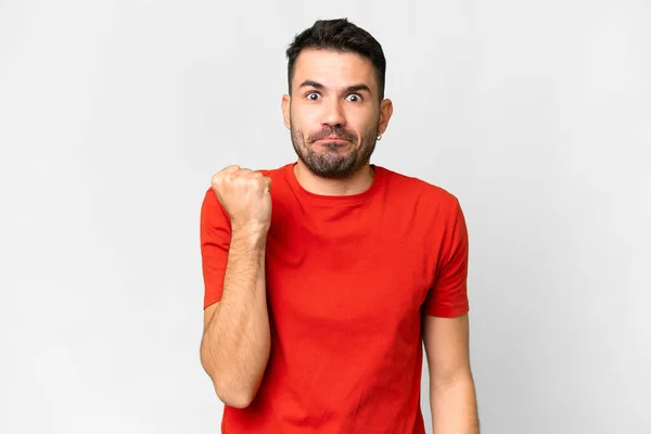 Young Handsome Caucasian Man Isolated White Background Unhappy Expression — Fotografia de Stock