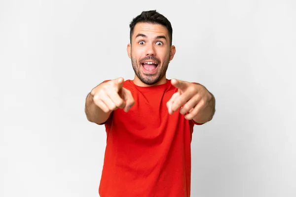 Young Handsome Caucasian Man Isolated White Background Surprised Pointing Front — Stock Photo, Image