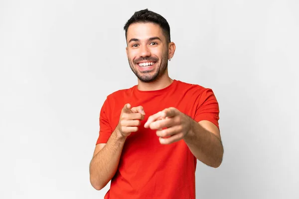 Young Handsome Caucasian Man Isolated White Background Surprised Pointing Front — Stock Photo, Image