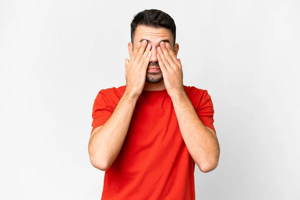 Young Handsome Caucasian Man Isolated White Background Covering Eyes Hands — Photo