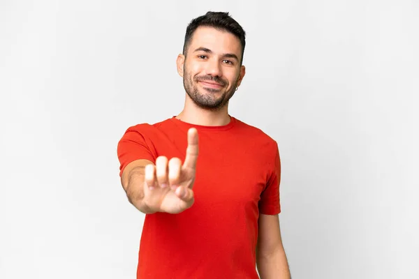 Young Handsome Caucasian Man Isolated White Background Showing Lifting Finger — Foto de Stock