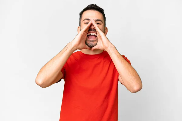Young Handsome Caucasian Man Isolated White Background Shouting Announcing Something — Stock Photo, Image
