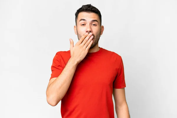 Young Handsome Caucasian Man Isolated White Background Yawning Covering Wide — Photo