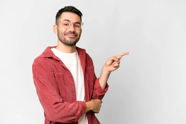 Young Handsome Caucasian Man Isolated White Background Pointing Finger Side — Stockfoto