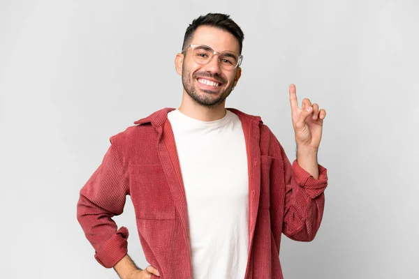 Young Handsome Caucasian Man Isolated White Background Showing Lifting Finger — Stockfoto