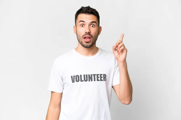 Young Volunteer Caucasian Man Isolated White Background Thinking Idea Pointing — Stock Photo, Image