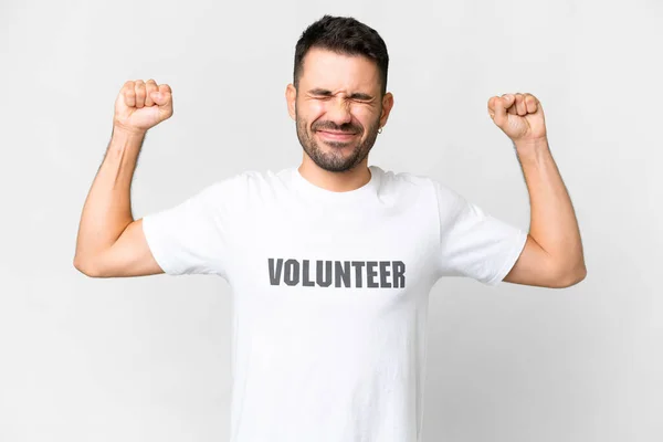 Young Volunteer Caucasian Man Isolated White Background Doing Strong Gesture — Stock Photo, Image