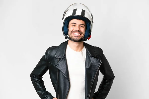 Joven Hombre Caucásico Con Casco Moto Sobre Fondo Blanco Aislado — Foto de Stock