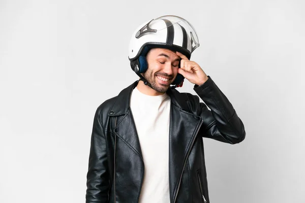 Young Caucasian Man Motorcycle Helmet Isolated White Background Laughing — Foto de Stock
