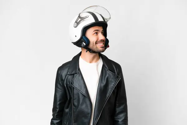 Young Caucasian Man Motorcycle Helmet Isolated White Background Looking Side — Foto de Stock
